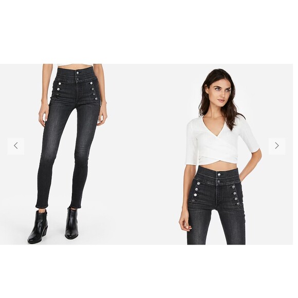 Express 14R Super High Waisted Denim Perfect Black Button Leggings - Picture 1 of 7